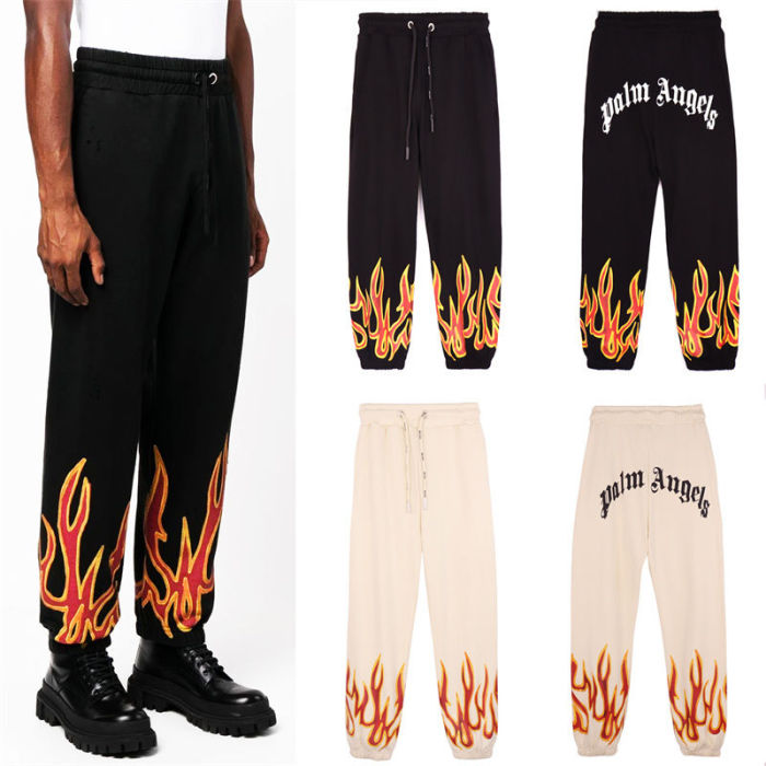 Flame Graffiti Letter Print Long Drawstring Sweatpants 2 colors