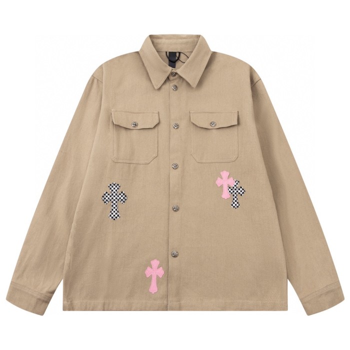 [buy more save more] Leather cross piece embroidered shirt
