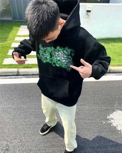1:1 quality version High Street Graffiti Heavy Duty Washed Casual Loose Padded Hooded Sweatshirt