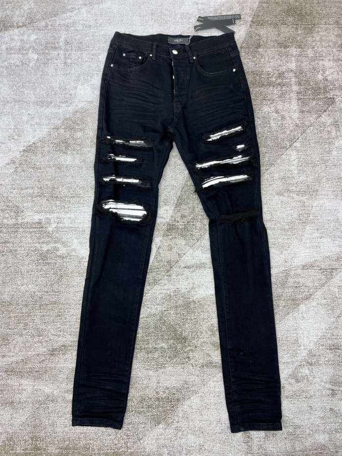 1:1 quality version White leather handmade ripped jeans