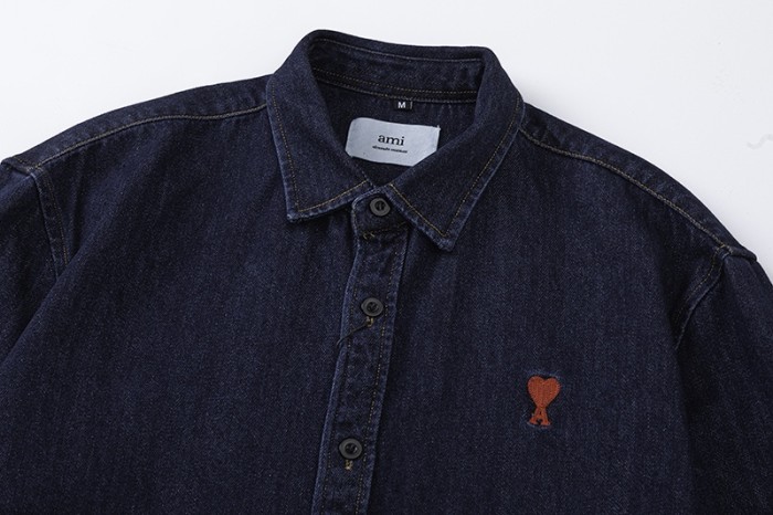 [Buy More Save More] Classic Heart Embroidered Dark Blue Denim Shirt