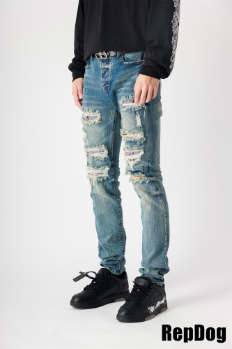 1:1 quality version Pink diamond ripped patchwork jeans