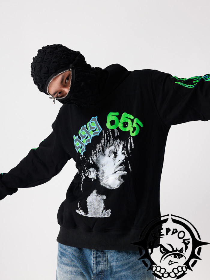 Human Face Fluorescent Green Totem Print Hoodie