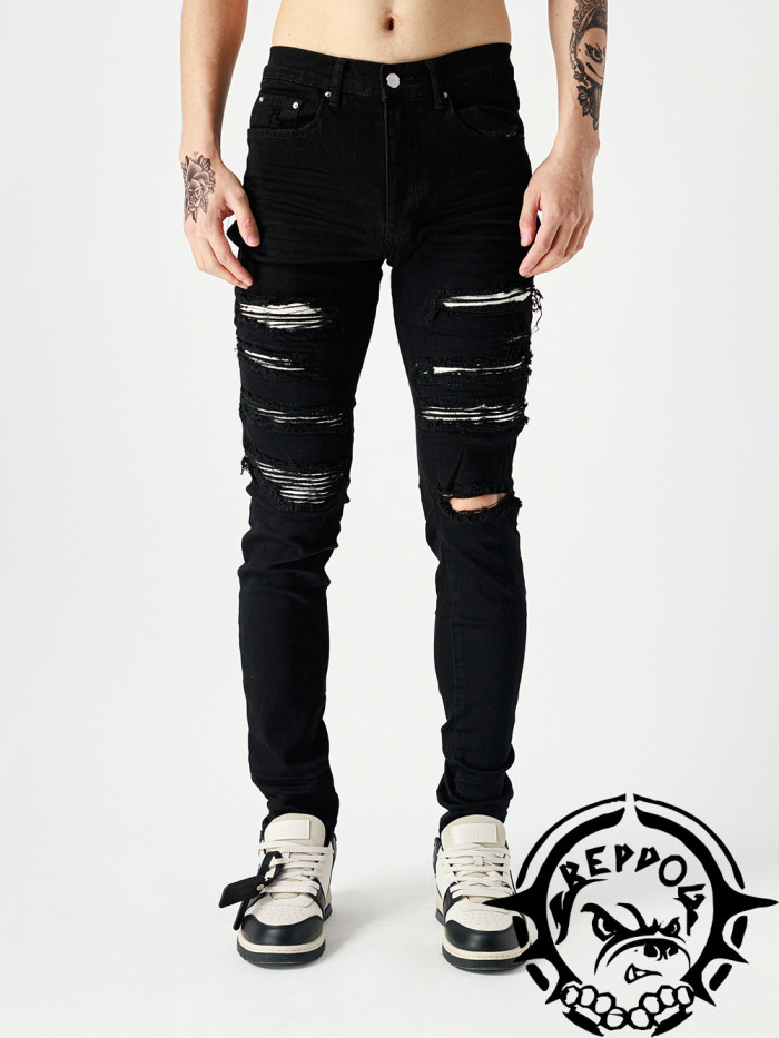 1:1 quality version White leather handmade ripped jeans