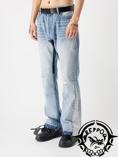 1:1 quality version Split Leg Spliced Fabric Jeans