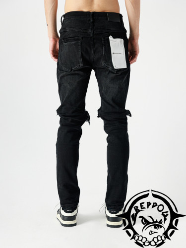 1:1 quality version Solid Black Double Knee Scratch Jeans