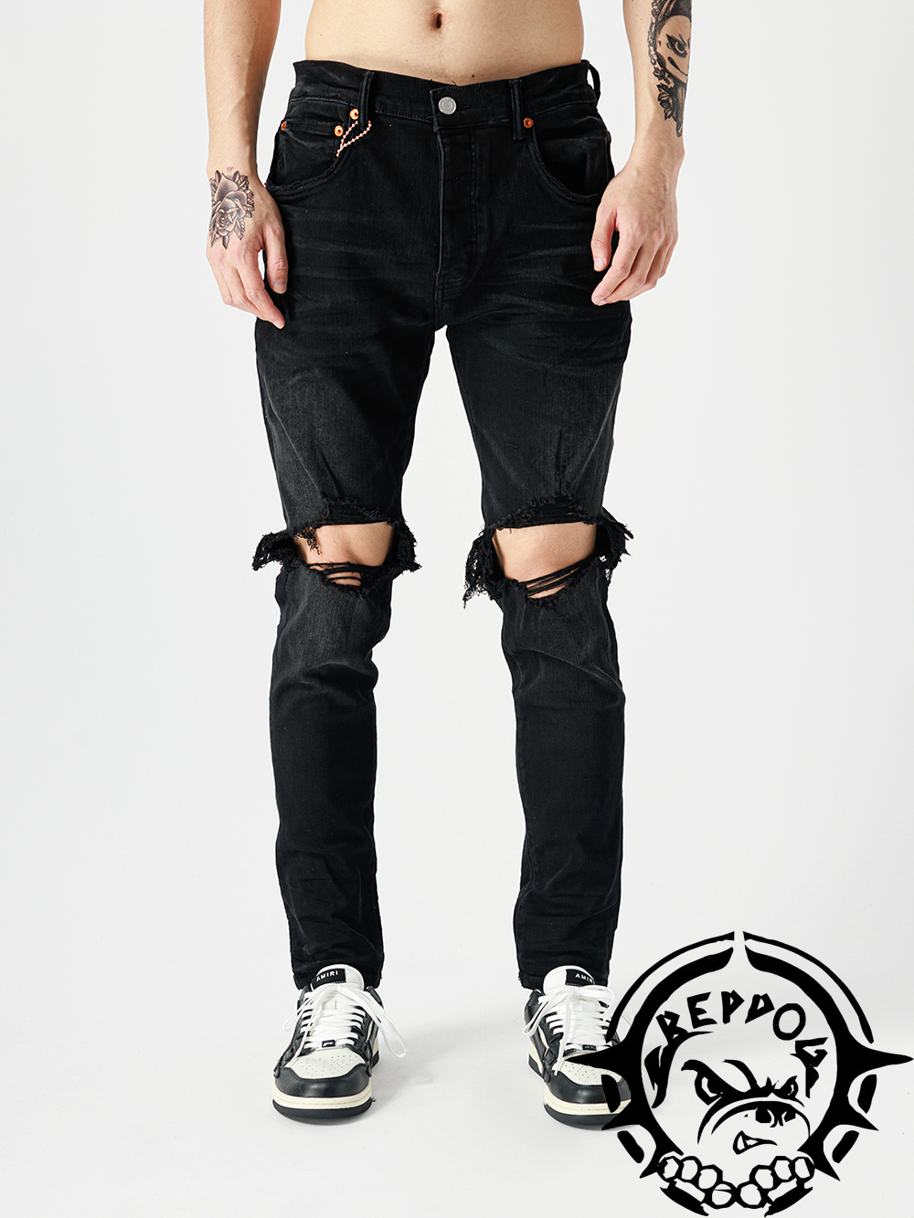 1:1 quality version solid black double knee scratch jeans