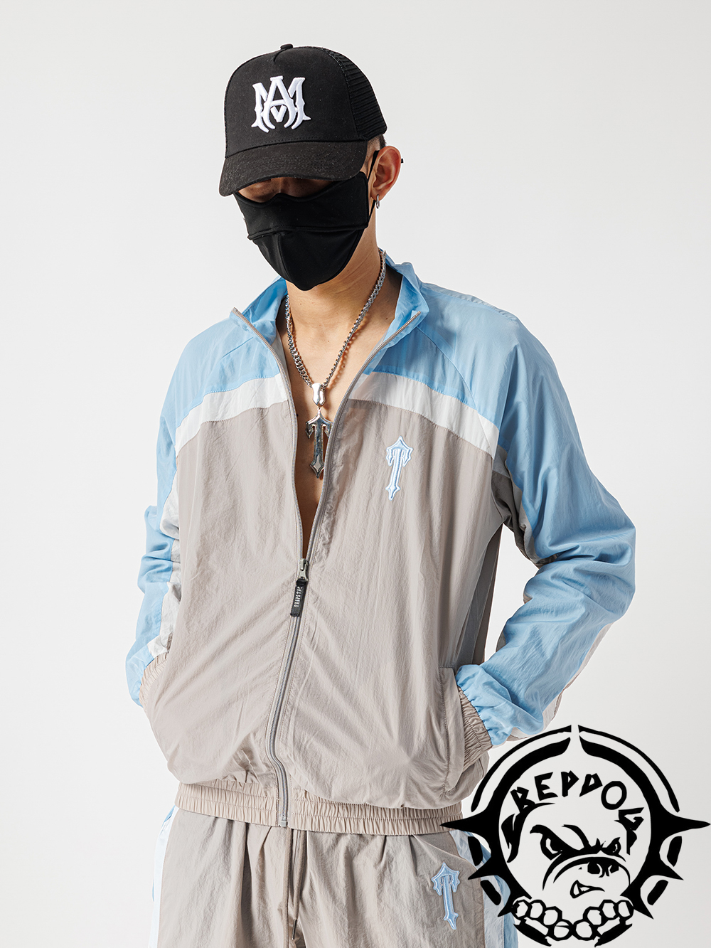 [buy more save more]1:1 quality version blue and gray patchwork embroidered jacket set