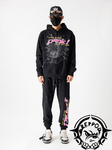 Young Thug Sp5der pink leteers logo hoodie black