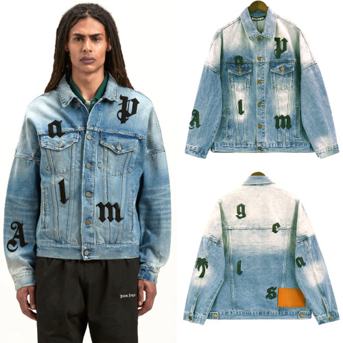 Aged washed monogrammed embroidered denim jacket
