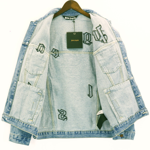 Aged washed monogrammed embroidered denim jacket