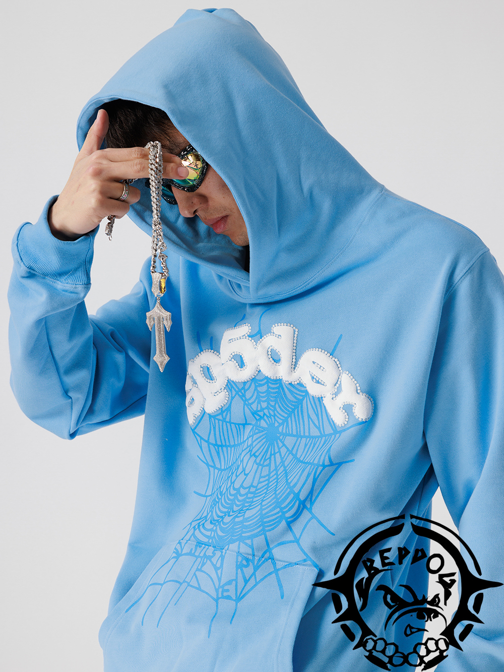 three-dimensional foam letters spider web hoodie sky blue