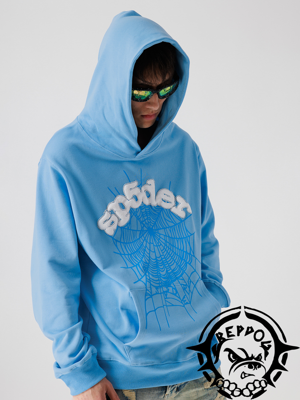 three-dimensional foam letters spider web hoodie sky blue