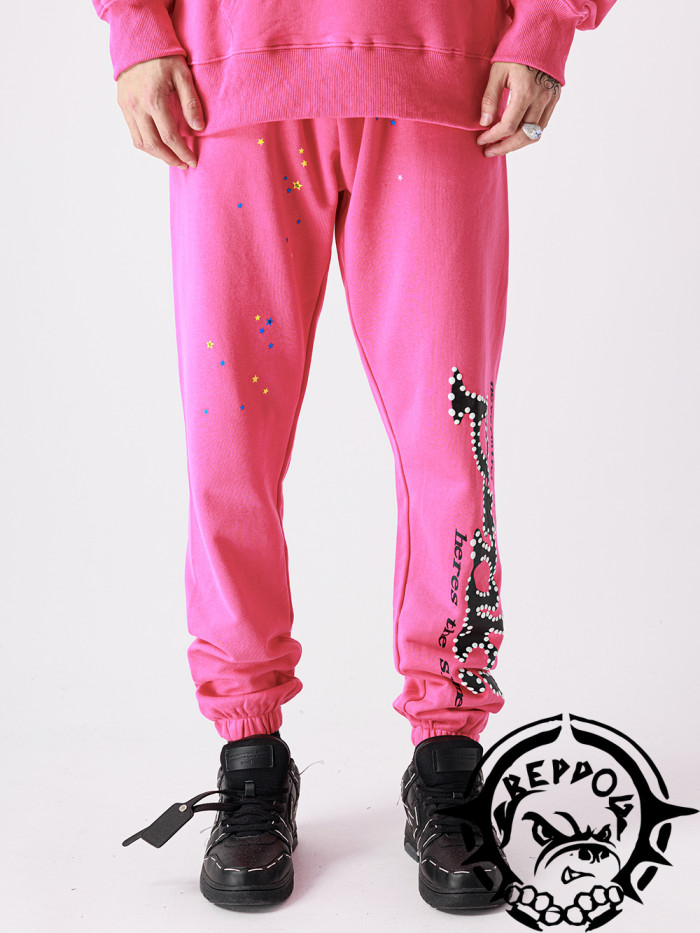 Young Thug Sp5der-Pink pants with white dots and black lettering