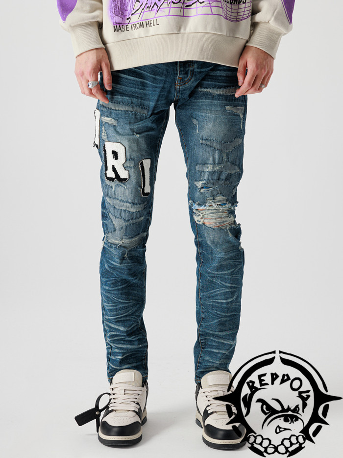 1:1 quality version Classic Flocked Embroidered Ripped Jeans
