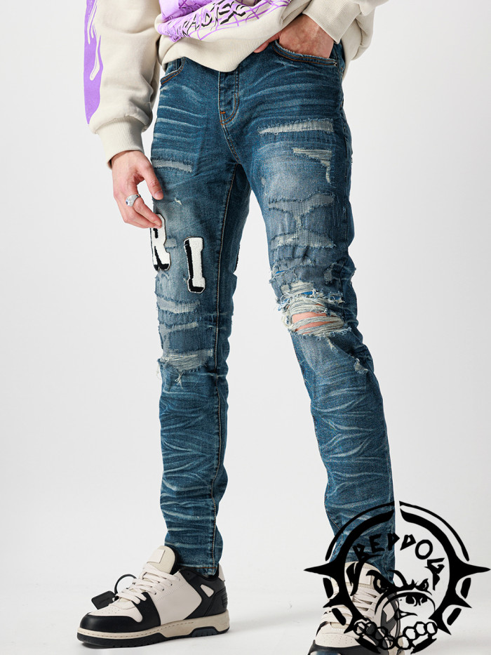 1:1 quality version Classic Flocked Embroidered Ripped Jeans