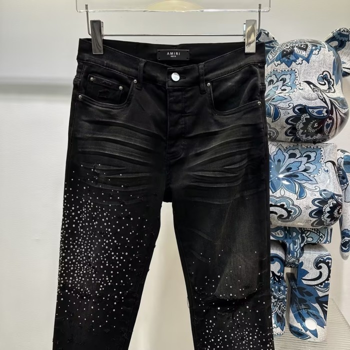 1:1 quality version Black jeans with stars and rhinestones