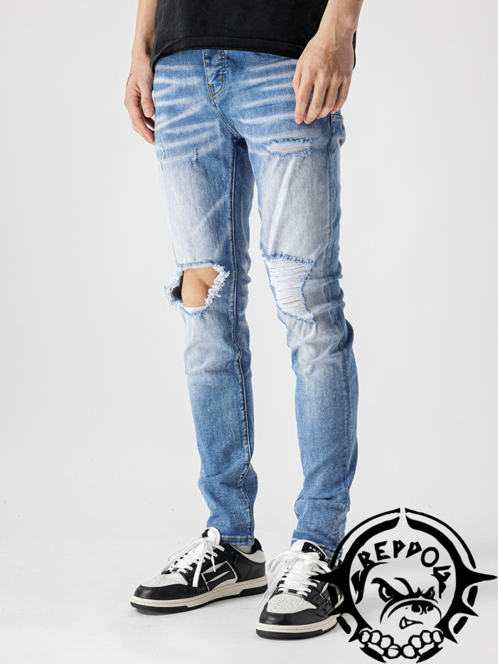 1:1 quality version Sky Blue Raw Edge Ripped Ripped Jeans