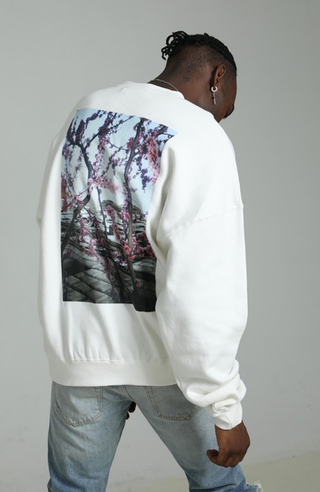 1:1 quality version Repeat Line Floral Photo Print Crew Neck Pullover Sweatshirt 2 colors
