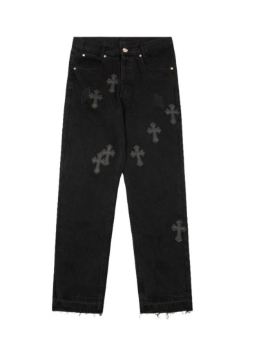 Fringed Destroyed Black Cross Leather Labeled Washed Jeans