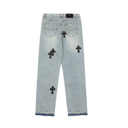 double crosses on the left side and leather embroidery Jeans