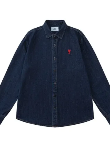 [Buy More Save More] Classic Heart Embroidered Dark Blue Denim Shirt