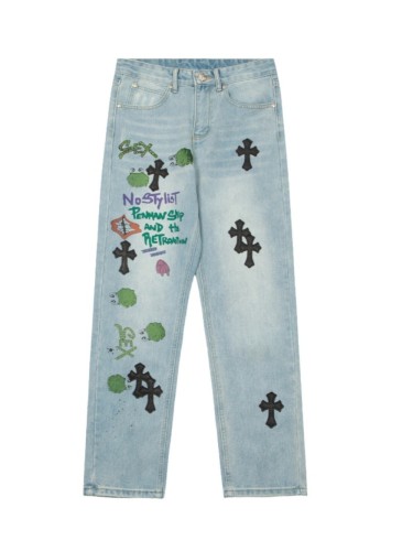 Colorful Graffiti Caterpillar Cross Leather Patch Aged Jeans