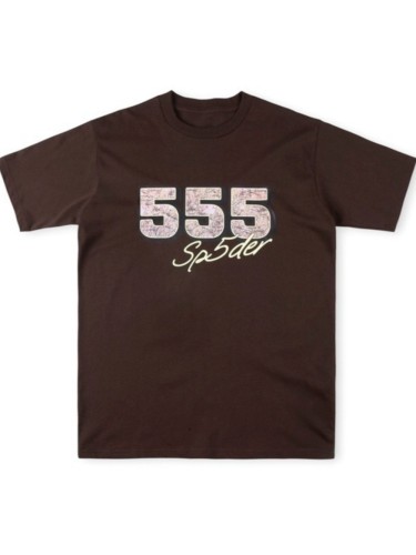 555 Tree Printed Filled Letter Printed Cotton Short Sleeve T-Shirt