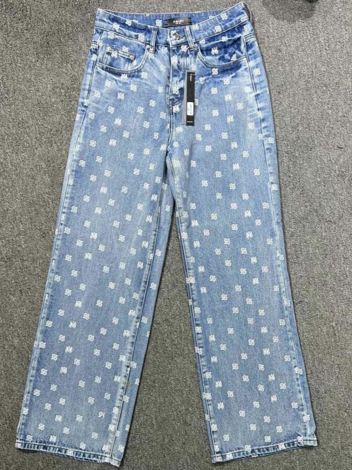 1:1 quality version All-over AM monogrammed teardrop print jeans