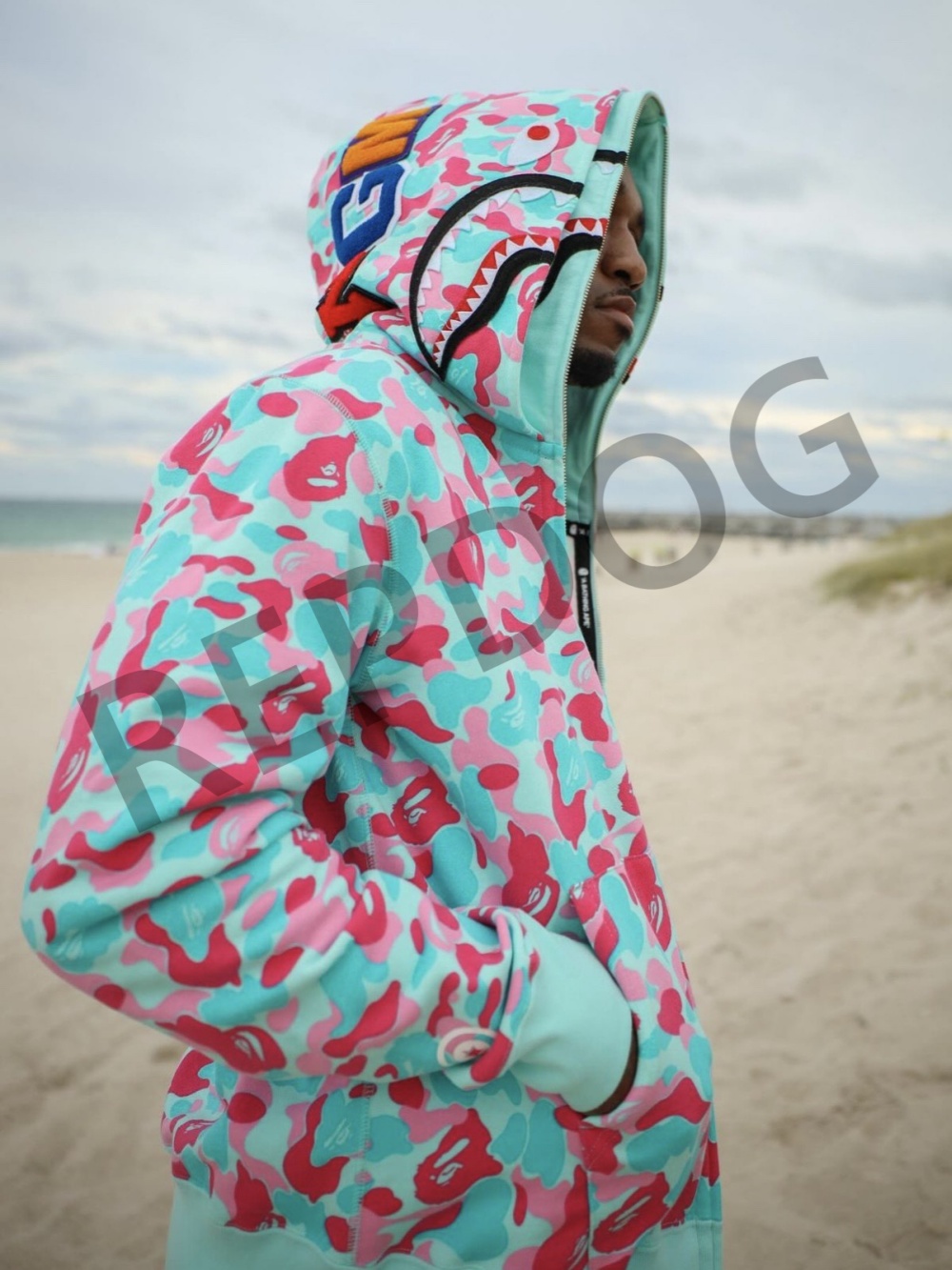 miami co-branded double hooded shark head zip hoodie