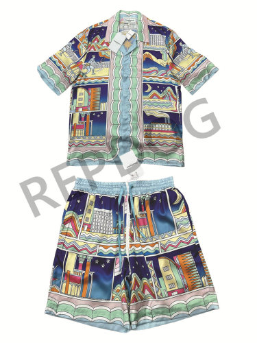 1:1 quality version Hawaiian Style Portrait Night Colorblock Silk shirt & shorts set