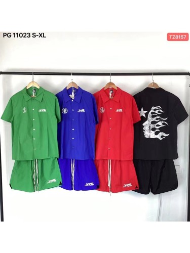 Large logo on the back vintage casual shirt & shorts set 4 colors