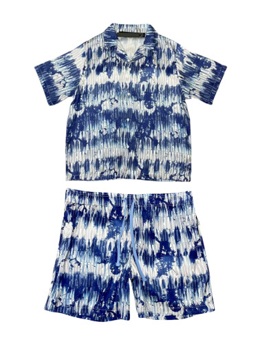 1:1 quality version Blue and white tie-dye silk short sleeve & shorts set