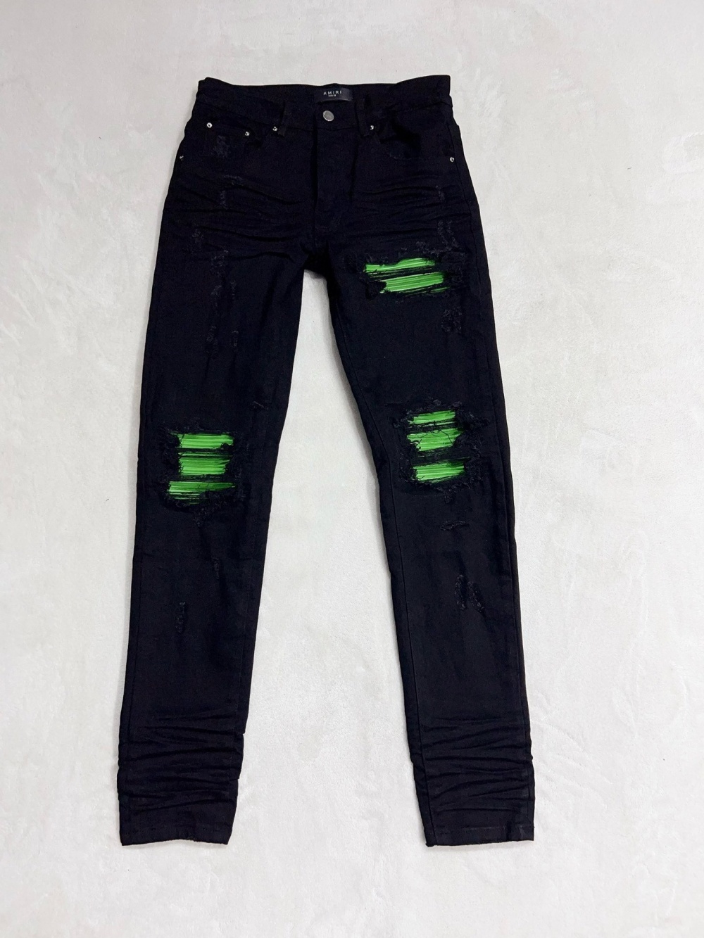 1:1 quality version green ripped patch jeans