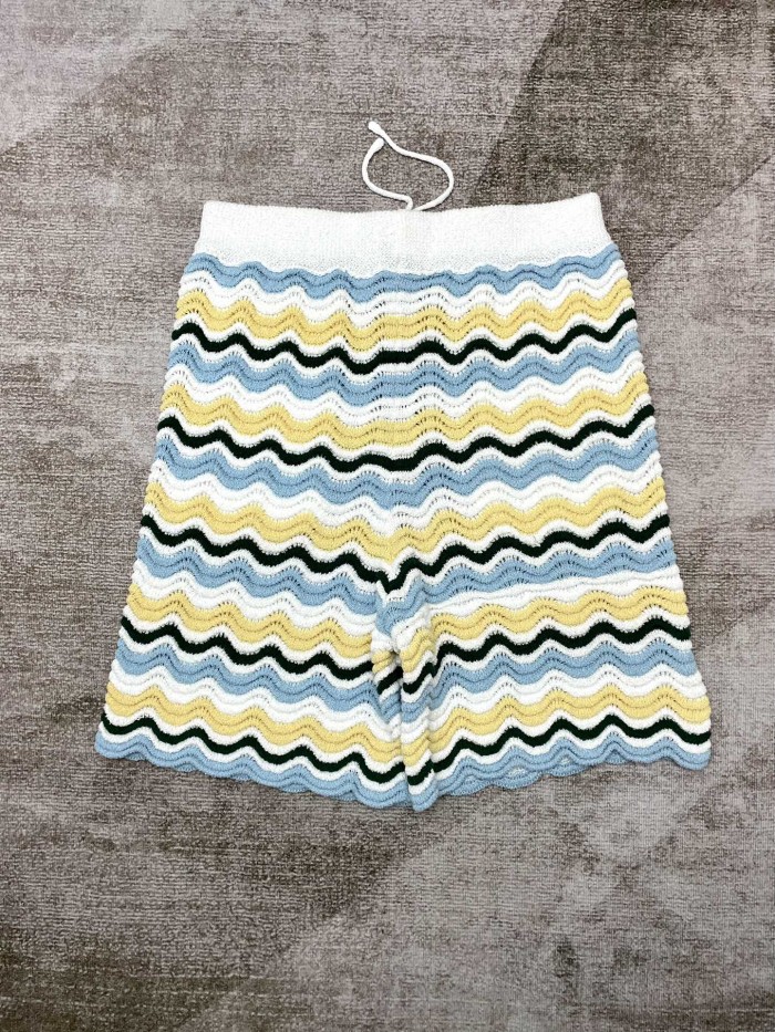 1:1 quality version Wave Stripe Colour Block Letter Logo Knit Polo Shirt & Shorts Set