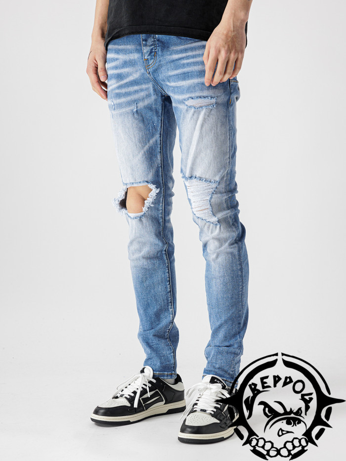 Copy 1:1 quality version Sky Blue Raw Edge Ripped Ripped Jeans