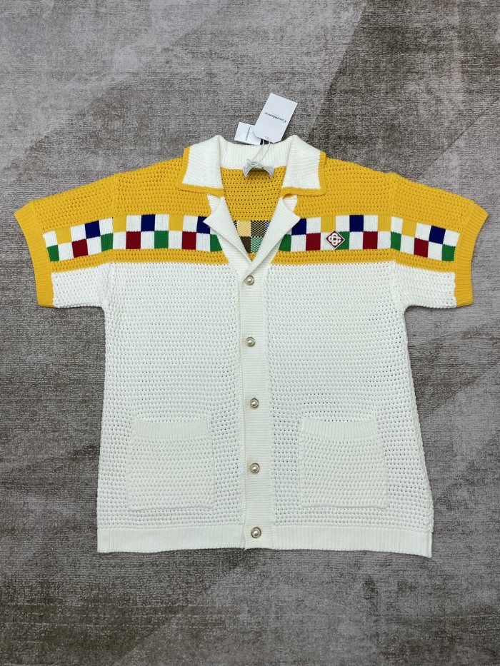 1:1 quality version Colourful Plaid Pearl Button Knit Polo Shirt & Shorts Set