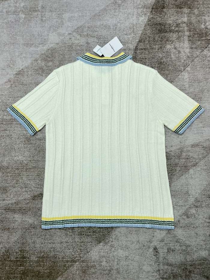 1:1 quality version Vertical Stripe Pearl Button Knit Polo Shirt 2 colors
