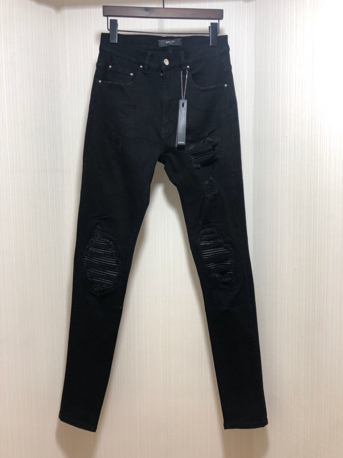 1:1 quality version Black Patchwork Leather Ripped Patch Jeans