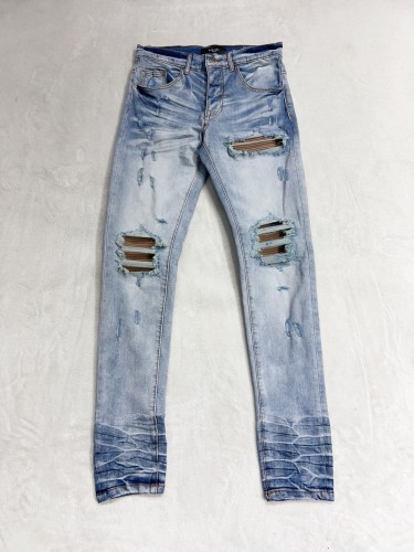 1:1 quality version Brown Ripped Patchwork Leather Light Blue Jeans