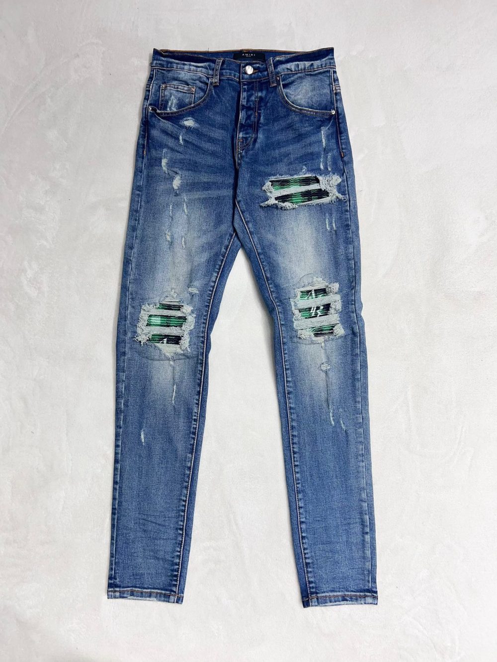 1:1 quality version ripped patchwork leather alphabet slim fit jeans