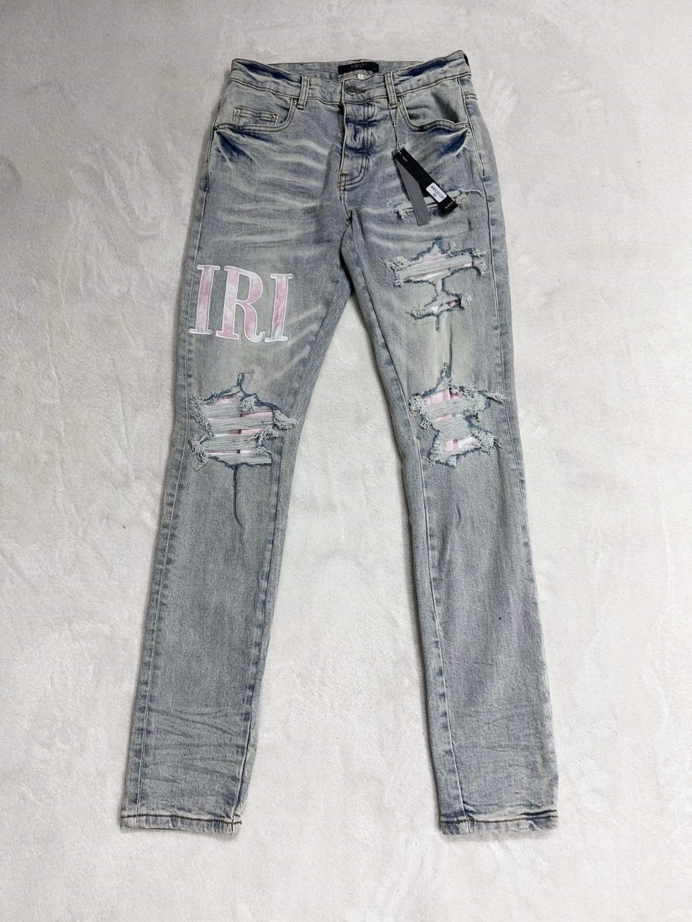 1:1 quality version white and pink gradient letter logo ripped and patched jeans