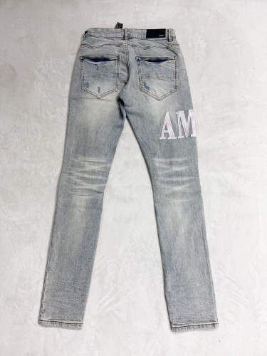 1:1 quality version White and pink gradient letter logo ripped and patched jeans