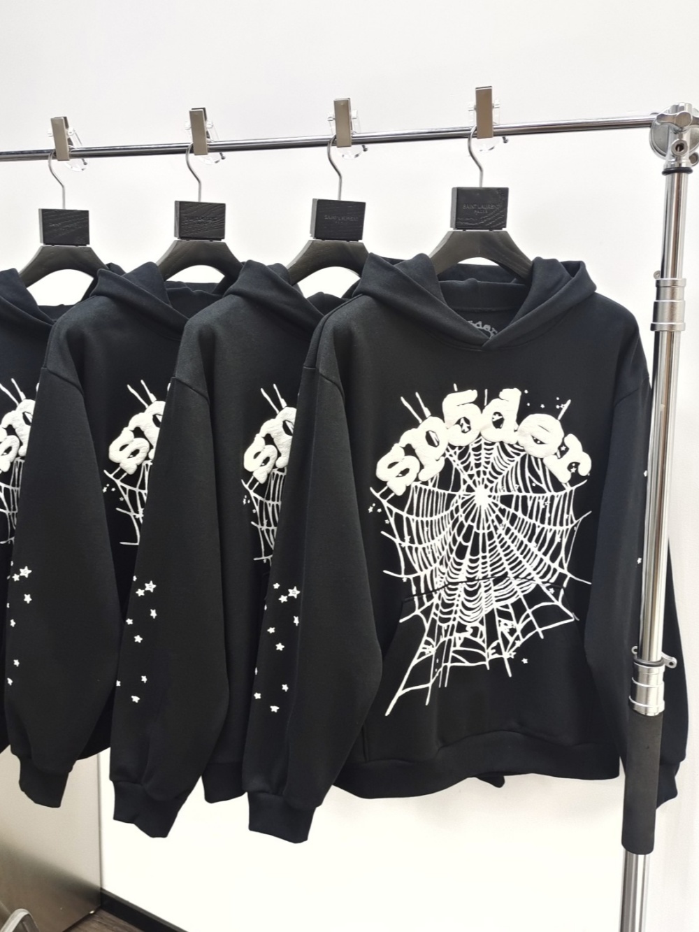 1:1 quality version white stars spiderweb foam letter print hoodie & pants set