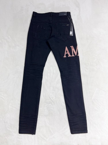 1:1 quality version Coral Pink Letter Embroidered Ripped Jeans