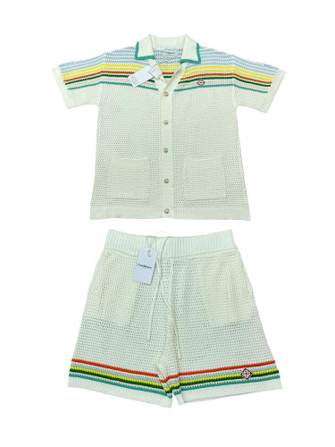 1:1 quality version Colourblocking Striped Lapel Loose Knit Polo Shirt & Shorts Set