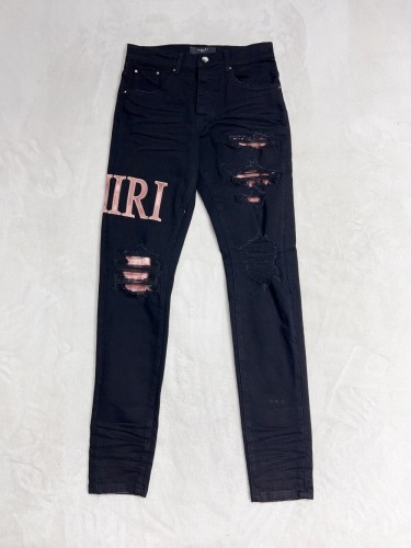 1:1 quality version Coral Pink Letter Embroidered Ripped Jeans