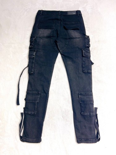 1:1 quality version Zip up side pockets and flutter belt distressed hip hop jeans