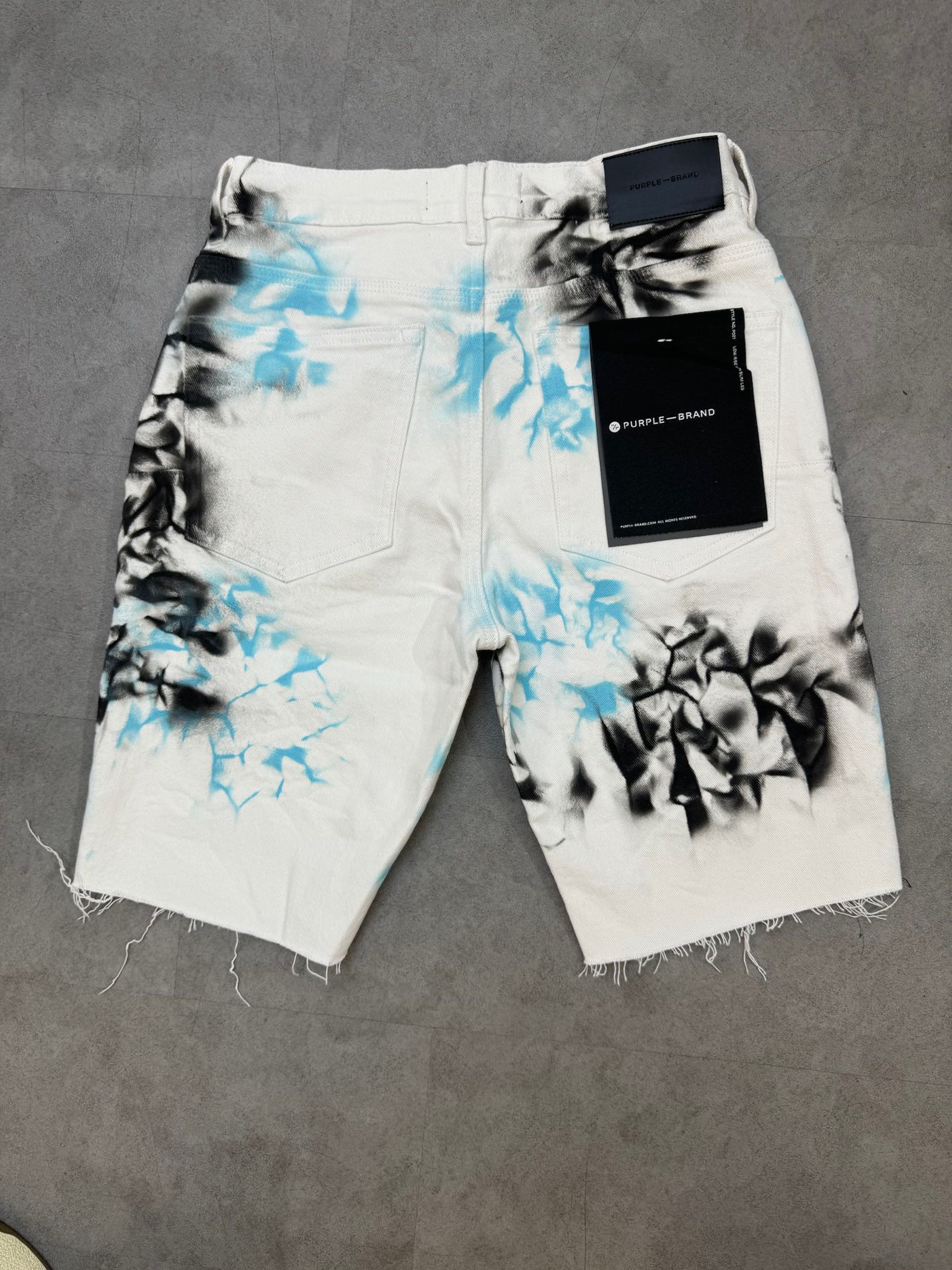 1:1 quality version blue and black tie-dye raw edge denim shorts