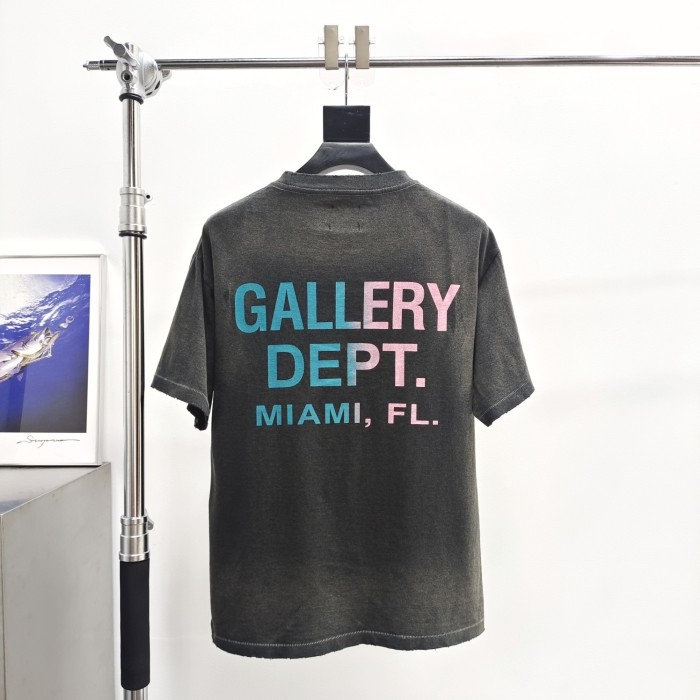 1:1 quality version Miami Limited Blue Pink Letter Gradient Black Washed version tee